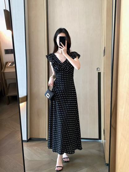 FT GUOGE Women's Black Polka-Dot Dress – New Summer 2026 Collection: French-Style Elegant V-Neck with Ruffle Sleeves
