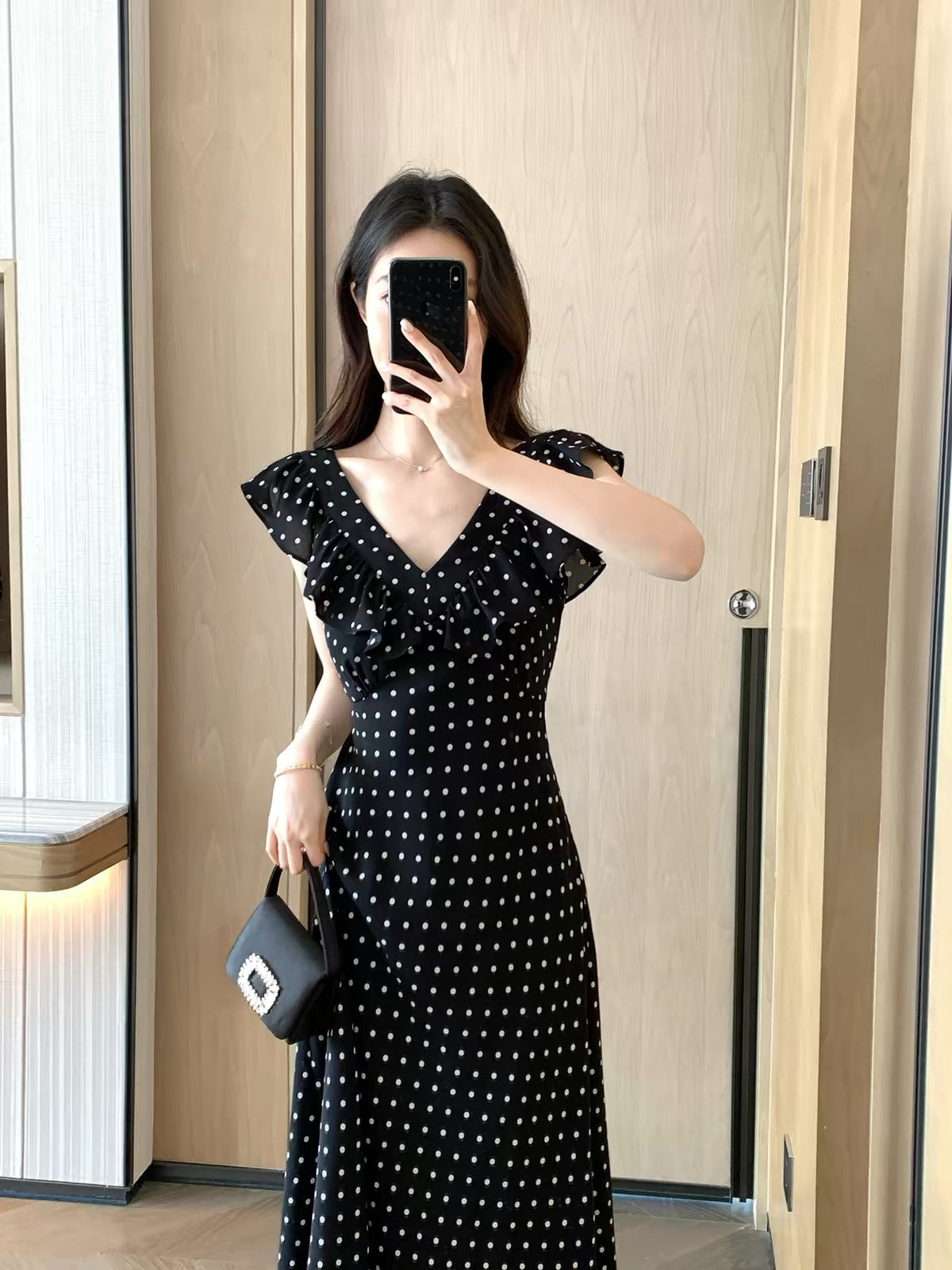 FT GUOGE Women's Black Polka-Dot Dress – New Summer 2026 Collection: French-Style Elegant V-Neck with Ruffle Sleeves