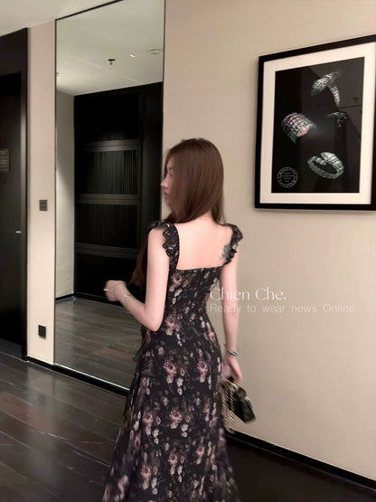 Chien Che, French-style chiffon floral maxi dress, summer style, ruffled hem, small flutter sleeves, fitted waist, spaghetti strap dress for women.