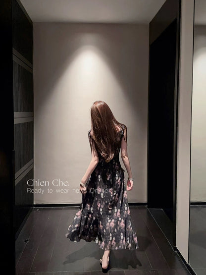 Chien Che, French-style chiffon floral maxi dress, summer style, ruffled hem, small flutter sleeves, fitted waist, spaghetti strap dress for women.