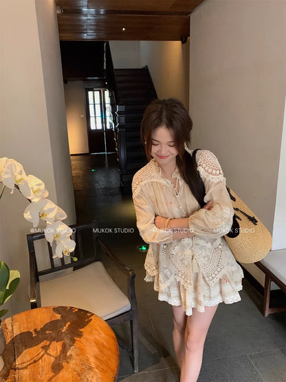 MUKOK heavy industry 100% ramie embroidered lace loose top skirt fashionable sweet suit