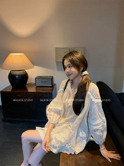 MUKOK heavy industry 100% ramie embroidered lace loose top skirt fashionable sweet suit