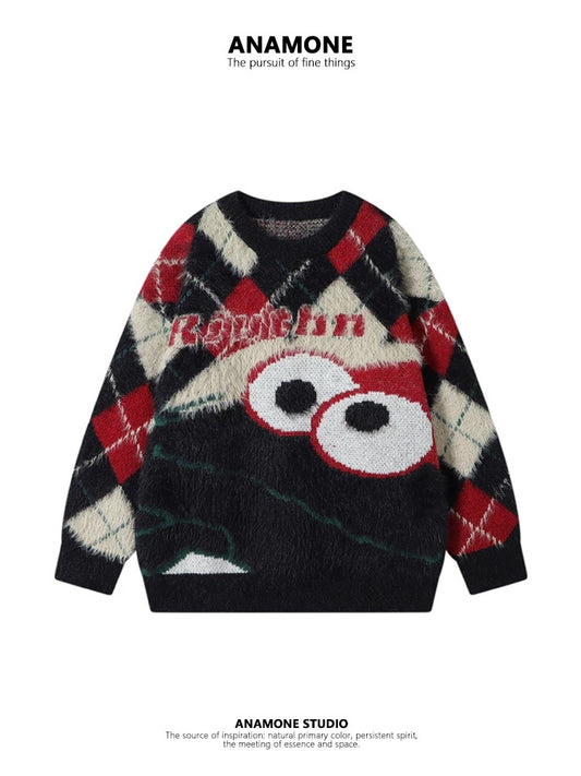 ANAMONE retro funny diamond mohair sweater women's autumn and winter loose slim American retro unique and chic