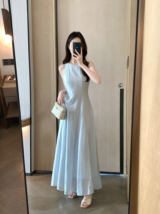 FT GUOGE Women's Blue Sleeveless Summer Dress (2026 New Arrival) – Elegant, Waist-Defining, Slim-Fit Maxi Tank Dress