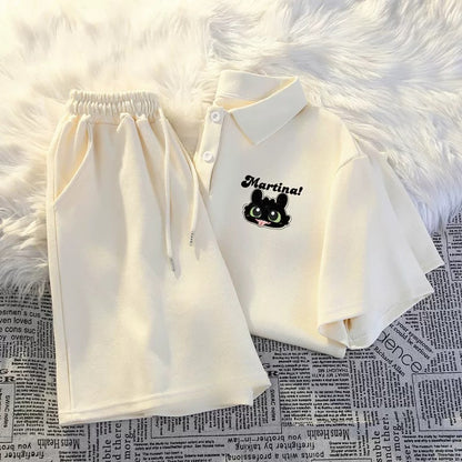 Casual sports POLO shirt two-piece suit for women summer 2025 new style student loose short-sleeved shorts