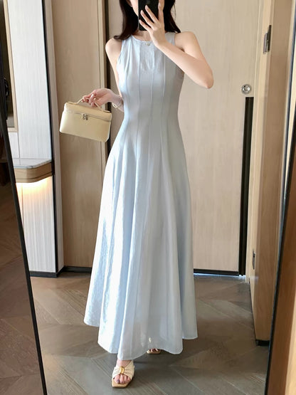 FT GUOGE Women's Blue Sleeveless Summer Dress (2026 New Arrival) – Elegant, Waist-Defining, Slim-Fit Maxi Tank Dress