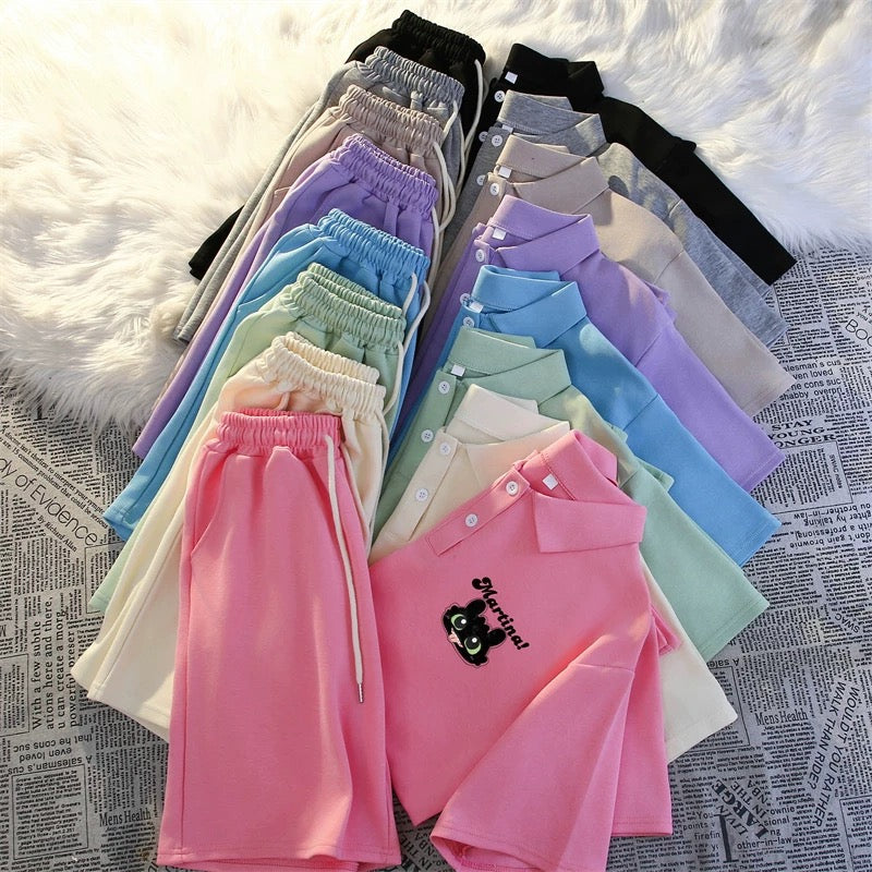 Casual sports POLO shirt two-piece suit for women summer 2025 new style student loose short-sleeved shorts