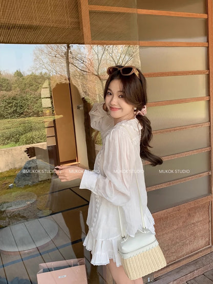 MUKOK cotton embroidered shirt, skirt and trousers two-piece fashionable suit