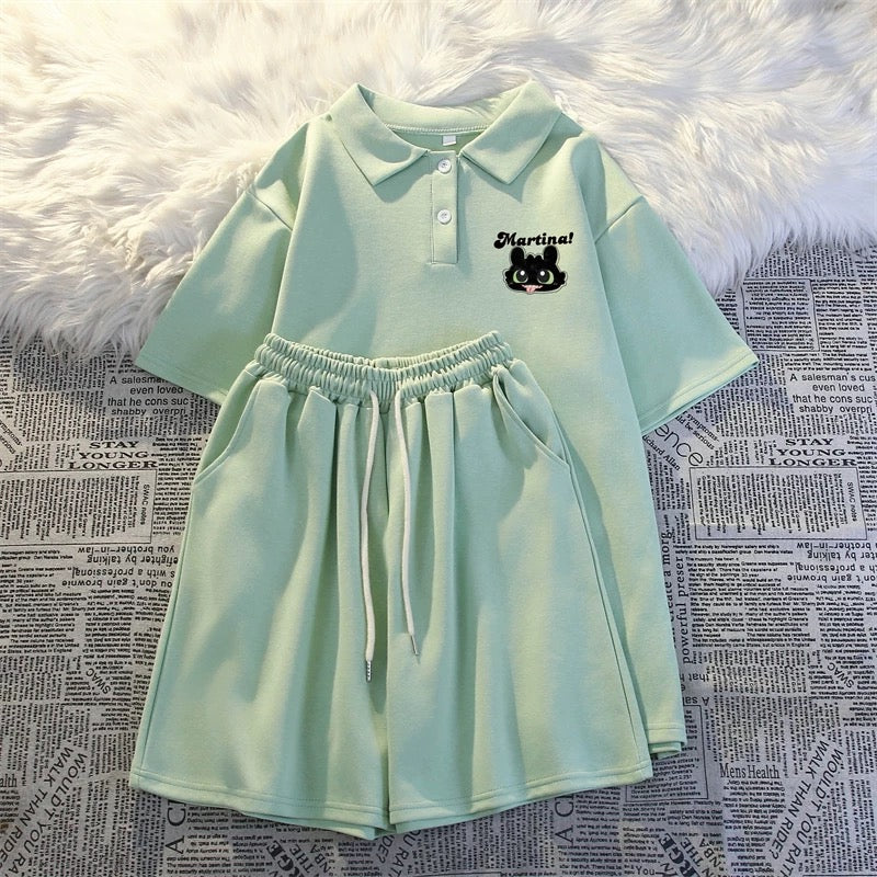 Casual sports POLO shirt two-piece suit for women summer 2025 new style student loose short-sleeved shorts