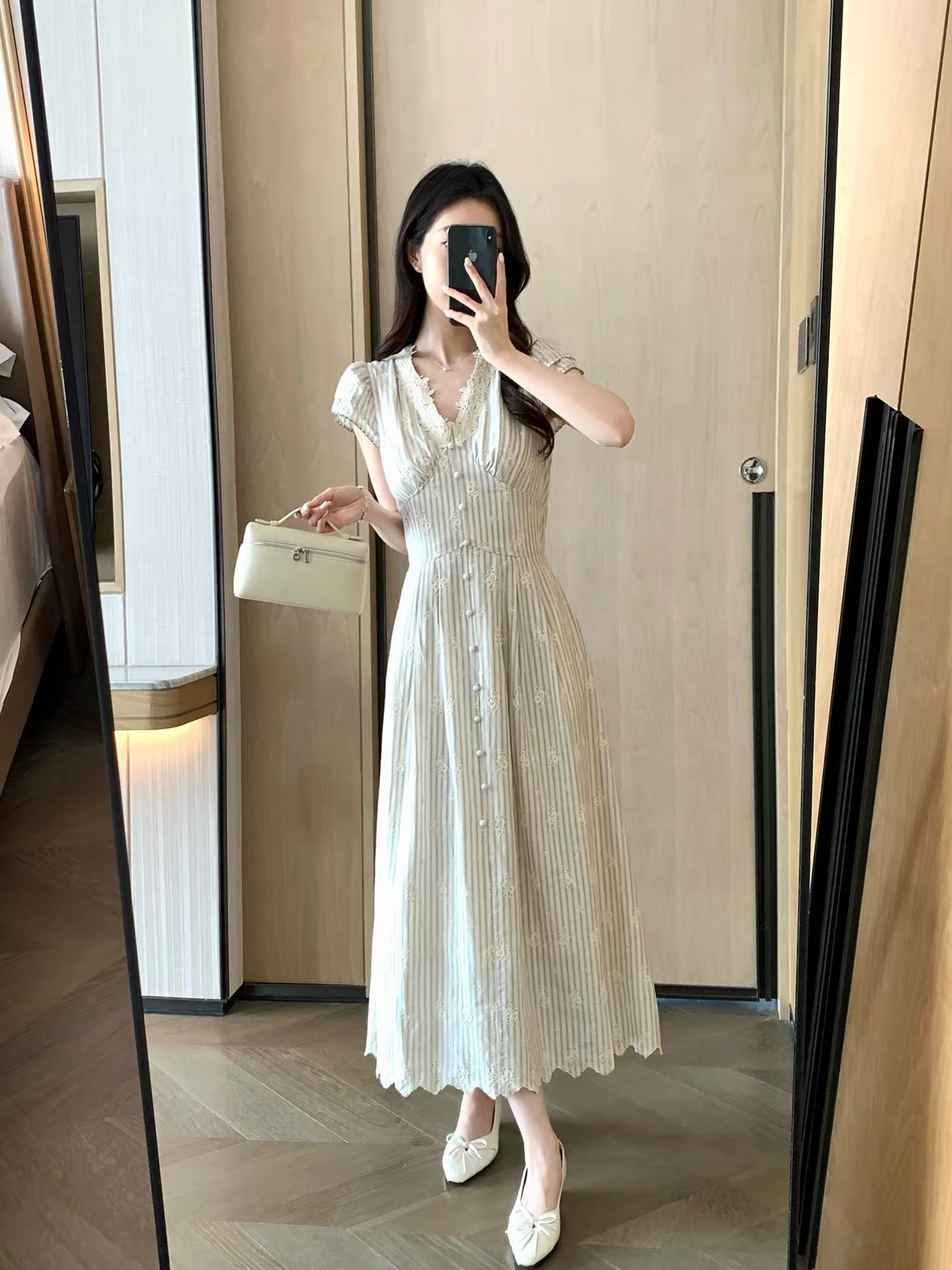 FT GUOGE Women's Summer 2026 New Arrival: Striped Dress with Lace Paneling – Elegant V-Neck, Waist-Cinching, Slimming Fit