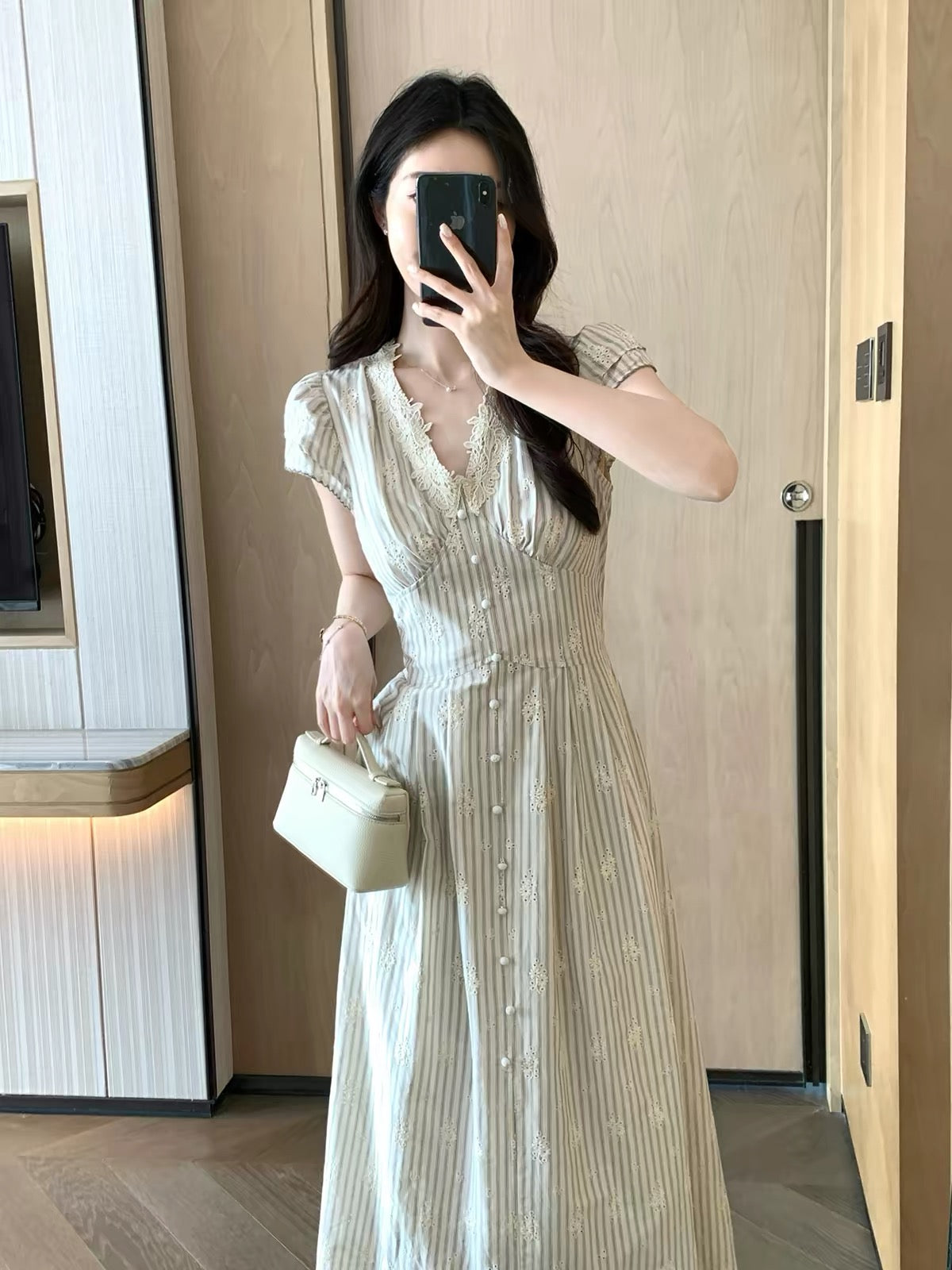 FT GUOGE Women's Summer 2026 New Arrival: Striped Dress with Lace Paneling – Elegant V-Neck, Waist-Cinching, Slimming Fit