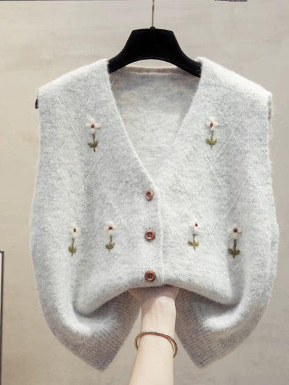 Handmade flower cardigan v-neck knitted vest vest women 2025 autumn and winter new loose outer wear vest sweater waistcoat