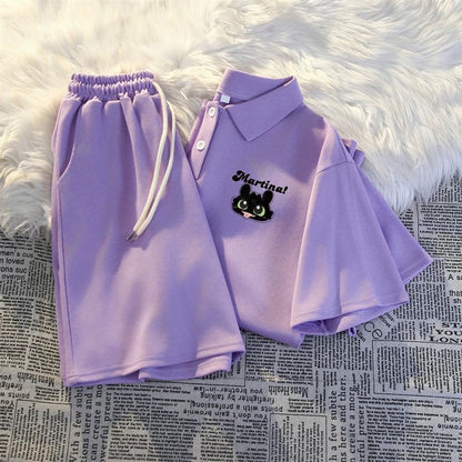 Casual sports POLO shirt two-piece suit for women summer 2025 new style student loose short-sleeved shorts