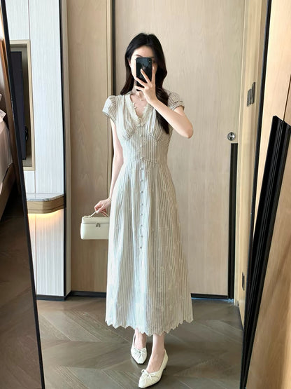 FT GUOGE Women's Summer 2026 New Arrival: Striped Dress with Lace Paneling – Elegant V-Neck, Waist-Cinching, Slimming Fit