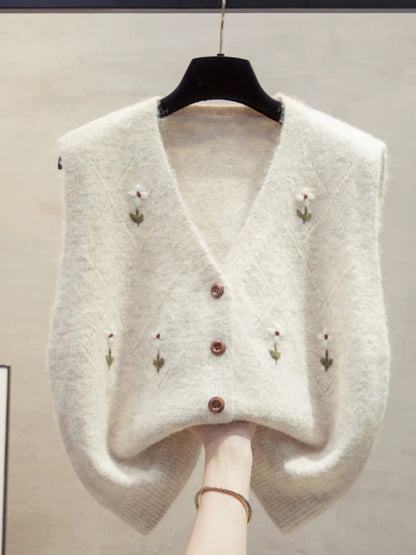 Handmade flower cardigan v-neck knitted vest vest women 2025 autumn and winter new loose outer wear vest sweater waistcoat