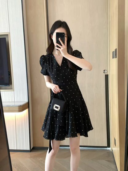 FT GUOGE Women's Black Polka-Dot Dress – Summer 2026 New Arrival: Sophisticated V-Neck Puff-Sleeve "Little Black Dress"