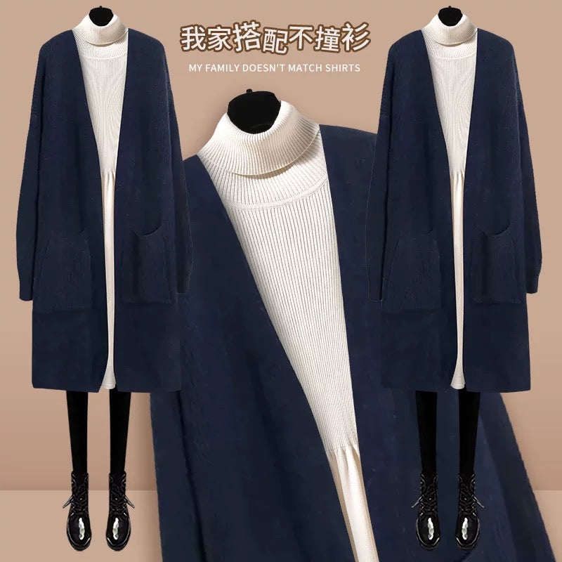 Mid-length coat, sweater, cardigan, women's 2024 autumn and winter new style waist-cinching knitted dress two-piece set