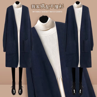 Mid-length coat, sweater, cardigan, women's 2024 autumn and winter new style waist-cinching knitted dress two-piece set