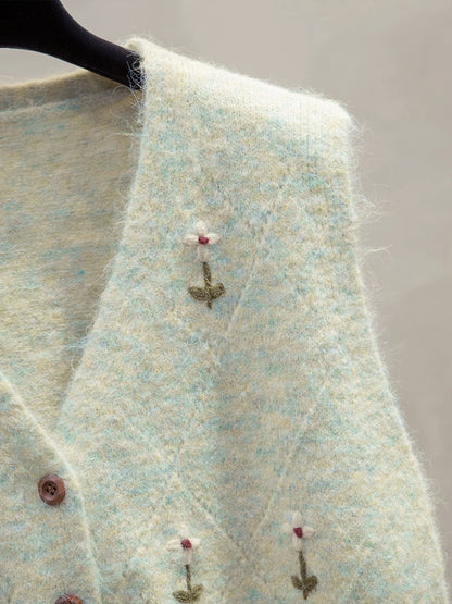 Handmade flower cardigan v-neck knitted vest vest women 2025 autumn and winter new loose outer wear vest sweater waistcoat