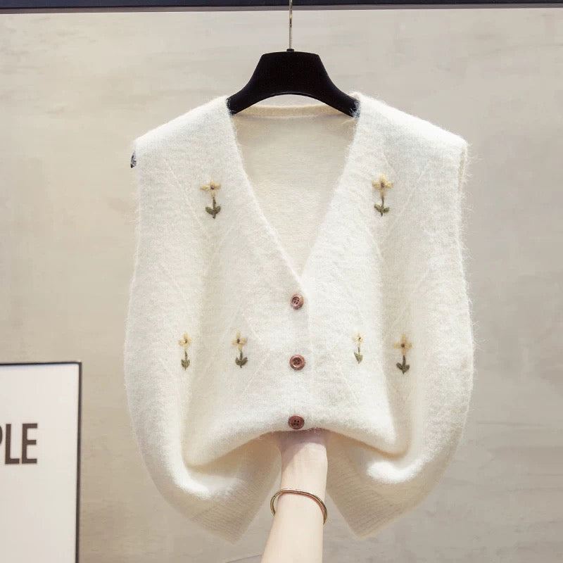 Handmade flower cardigan v-neck knitted vest vest women 2025 autumn and winter new loose outer wear vest sweater waistcoat