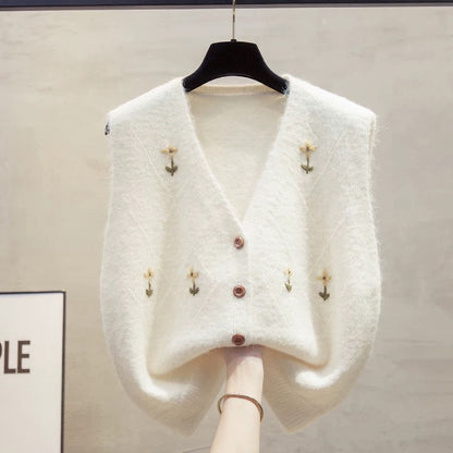 Handmade flower cardigan v-neck knitted vest vest women 2025 autumn and winter new loose outer wear vest sweater waistcoat