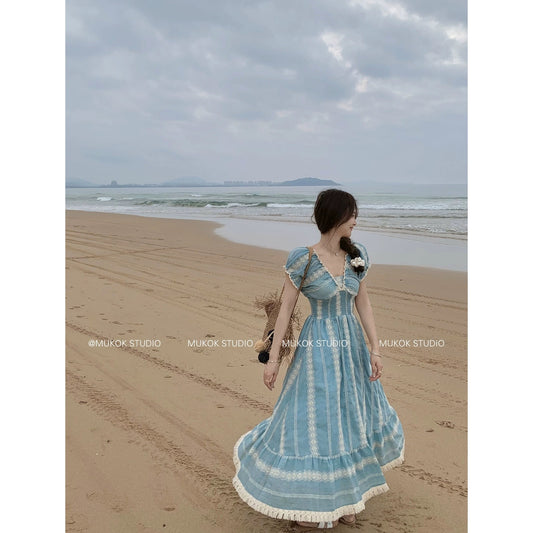 MUKOK Gypsy Girl~Retro Embroidered V-neck Puff Short Sleeve Dress Female Mori Style Slim Mid-length Skirt