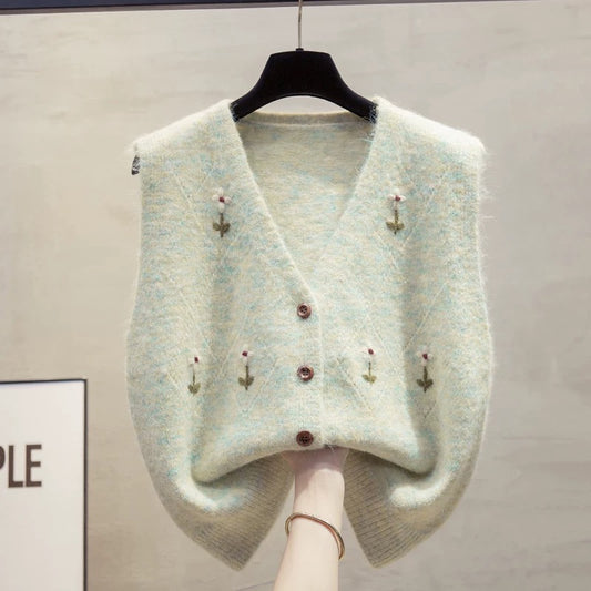 Handmade flower cardigan v-neck knitted vest vest women 2025 autumn and winter new loose outer wear vest sweater waistcoat
