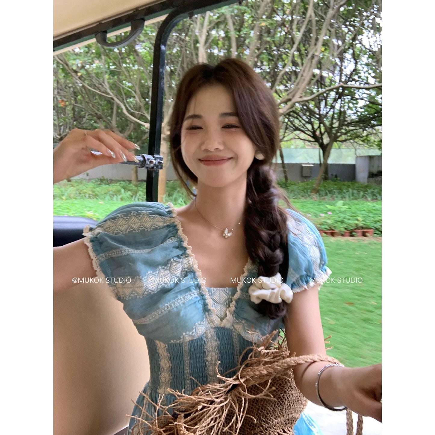 MUKOK Gypsy Girl~Retro Embroidered V-neck Puff Short Sleeve Dress Female Mori Style Slim Mid-length Skirt