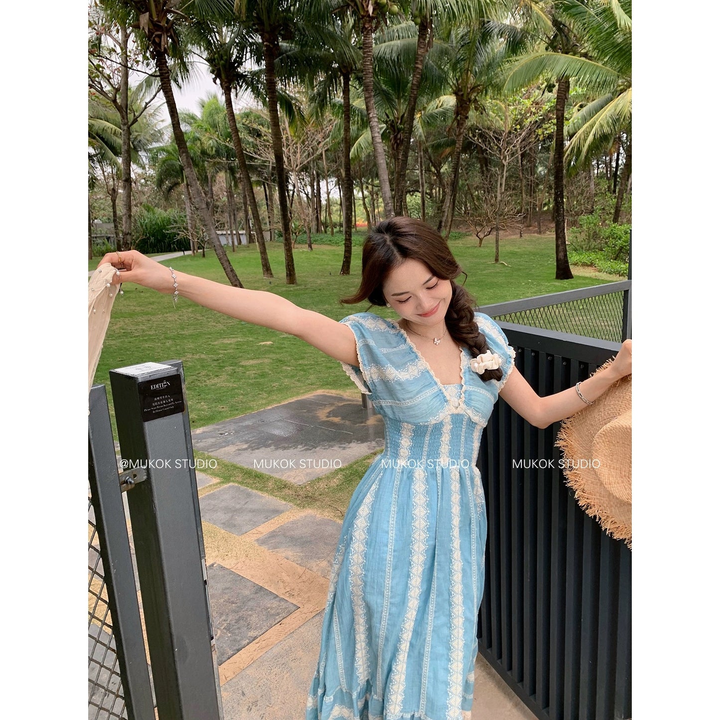 MUKOK Gypsy Girl~Retro Embroidered V-neck Puff Short Sleeve Dress Female Mori Style Slim Mid-length Skirt