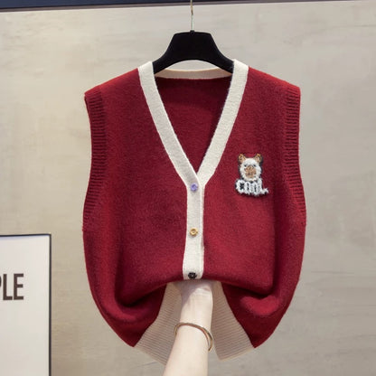 Cardigan V-neck knitted vest vest women 2025 autumn and winter new loose outer wear vest layered sweater waistcoat trend