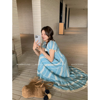 MUKOK Gypsy Girl~Retro Embroidered V-neck Puff Short Sleeve Dress Female Mori Style Slim Mid-length Skirt