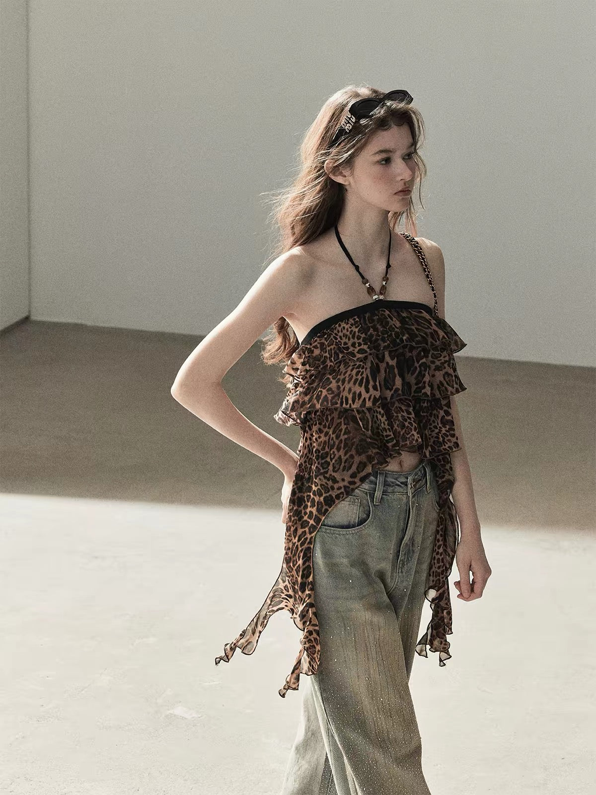AOMALM "Chasing the Sunset" Women's Summer Halter-Neck Leopard Print Crop Top with Ruffle Detail