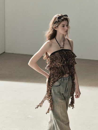 AOMALM "Chasing the Sunset" Women's Summer Halter-Neck Leopard Print Crop Top with Ruffle Detail