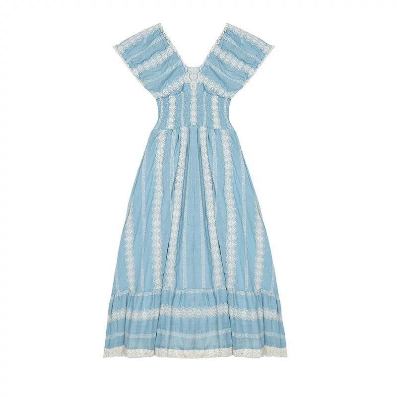 MUKOK Gypsy Girl~Retro Embroidered V-neck Puff Short Sleeve Dress Female Mori Style Slim Mid-length Skirt