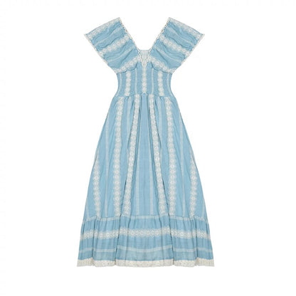 MUKOK Gypsy Girl~Retro Embroidered V-neck Puff Short Sleeve Dress Female Mori Style Slim Mid-length Skirt