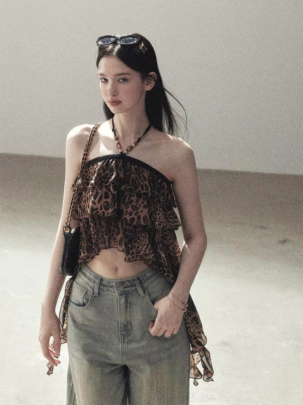 AOMALM "Chasing the Sunset" Women's Summer Halter-Neck Leopard Print Crop Top with Ruffle Detail