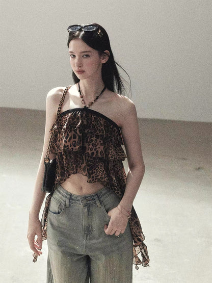 AOMALM "Chasing the Sunset" Women's Summer Halter-Neck Leopard Print Crop Top with Ruffle Detail