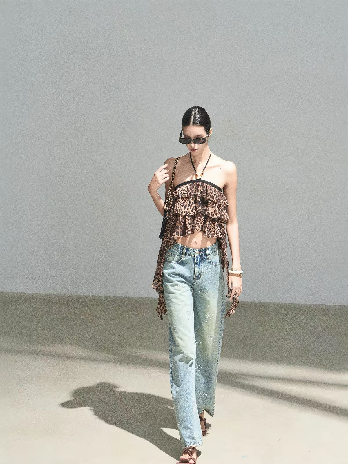 AOMALM "Chasing the Sunset" Women's Summer Halter-Neck Leopard Print Crop Top with Ruffle Detail