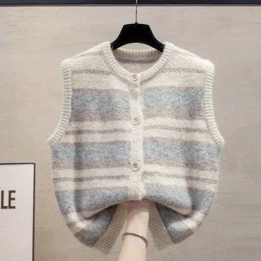Striped cardigan round neck knitted vest vest women 2025 autumn and winter new loose outer wear vest sweater waistcoat trend