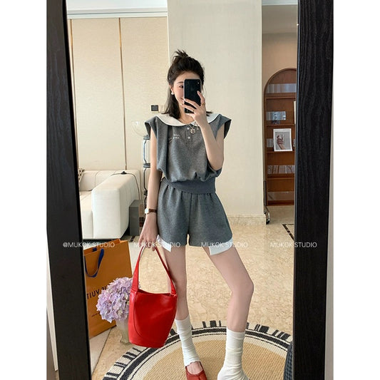 MUKOK gray temperament casual suit for women 2024 summer new short-sleeved top + wide-leg shorts two-piece set