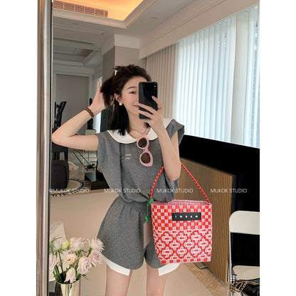 MUKOK gray temperament casual suit for women 2024 summer new short-sleeved top + wide-leg shorts two-piece set