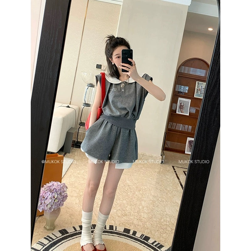 MUKOK gray temperament casual suit for women 2024 summer new short-sleeved top + wide-leg shorts two-piece set