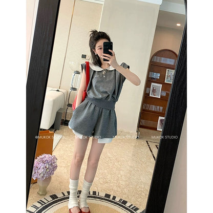MUKOK gray temperament casual suit for women 2024 summer new short-sleeved top + wide-leg shorts two-piece set