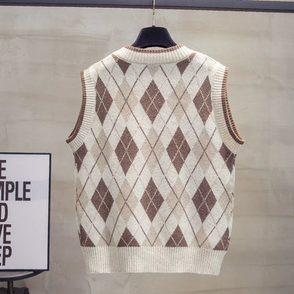 College style diamond-shaped v-neck knitted vest vest for women 2025 autumn and winter new loose outer wear vest sweater waistcoat