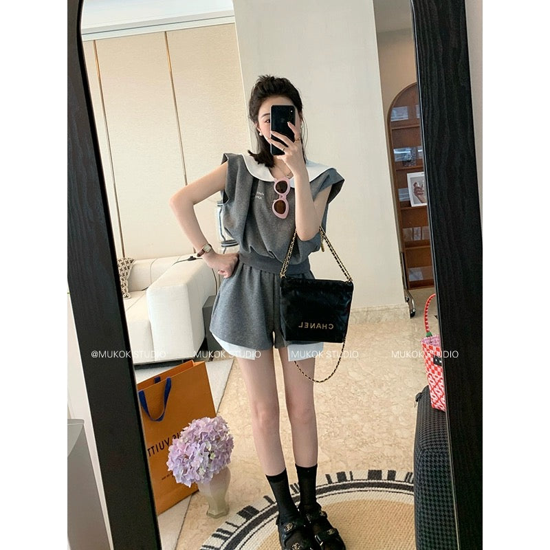 MUKOK gray temperament casual suit for women 2024 summer new short-sleeved top + wide-leg shorts two-piece set