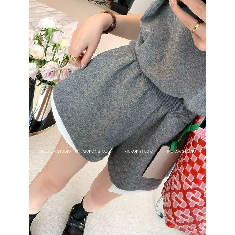 MUKOK gray temperament casual suit for women 2024 summer new short-sleeved top + wide-leg shorts two-piece set