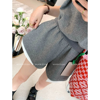 MUKOK gray temperament casual suit for women 2024 summer new short-sleeved top + wide-leg shorts two-piece set
