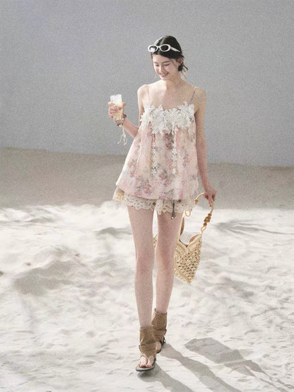 AOMALM "Unscripted Romance" French-style Sweet Floral Embroidered Camisole/Tee for Women – Summer Strap Top