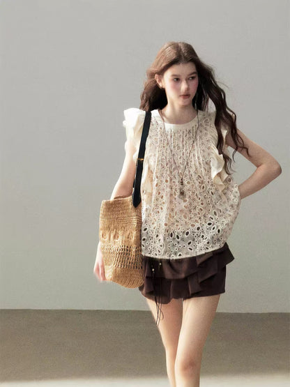 AOMALM "Lost in a Sea of Blooms" – Women's Summer Slim-Fit Floral Top with French-Style Cut-Out Embroidery and Flutter Sleeves