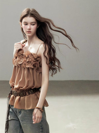 AOMALM "Passing by Your Twilight" – Women's Summer French-Style Sleeveless Chiffon Camisole with Ruffle Details (Slim-Fit)